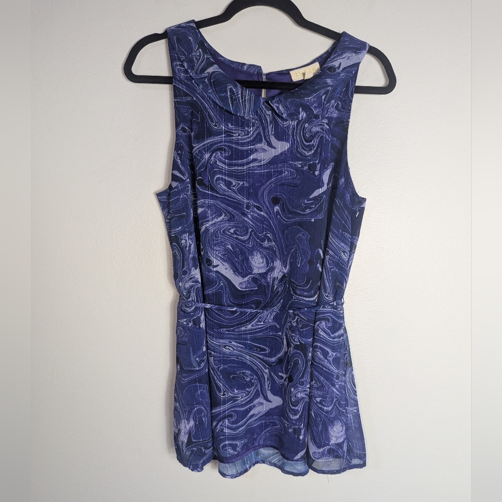 L Modcloth Purple Shimmer Swirl Tie Waist Blouse